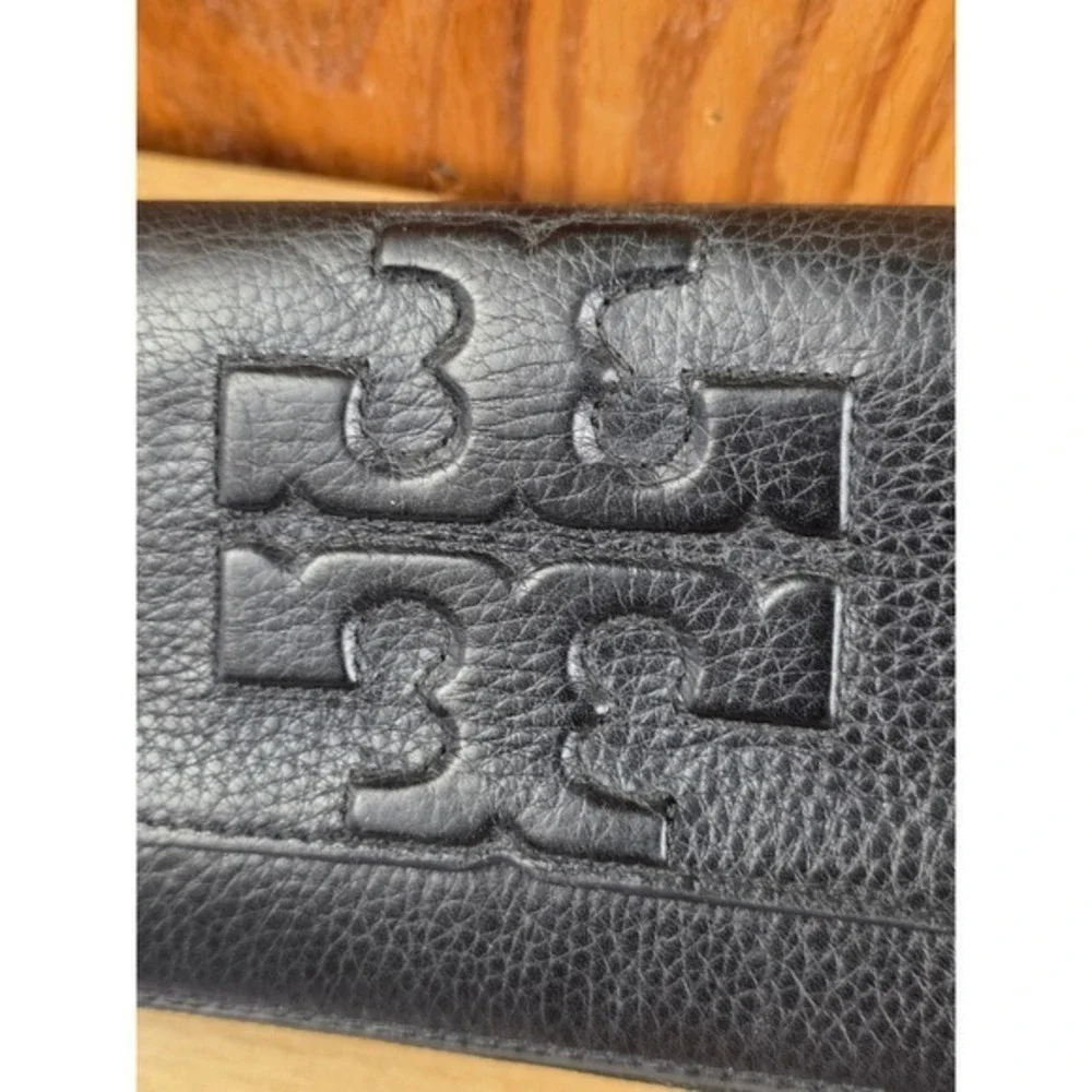 Tory Burch Bombe T Zip Wallet Continental Black Pebbled Leather